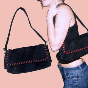 Vintage Y2K Bliss Faux Fur Shoulder Bag – Black & Red Trim Baguette